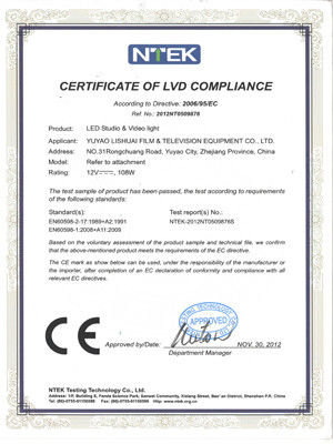 Chine Yuyao Lishuai Film &amp; Television Equipment Co., Ltd. Certifications